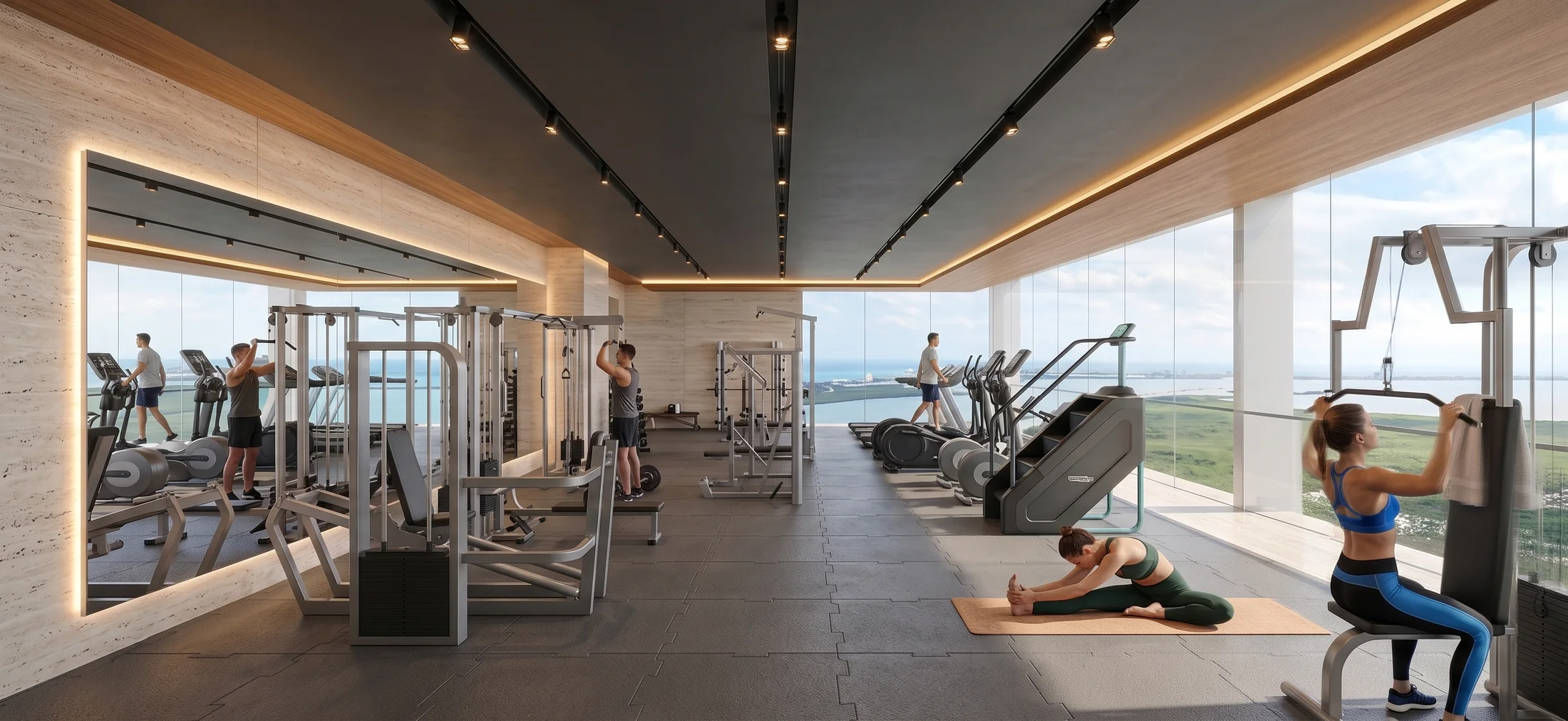 Gimnasio de Baalá con ventanal de piso a techo, equipo de fuerza y cardio y zona de yoga frente a la laguna.