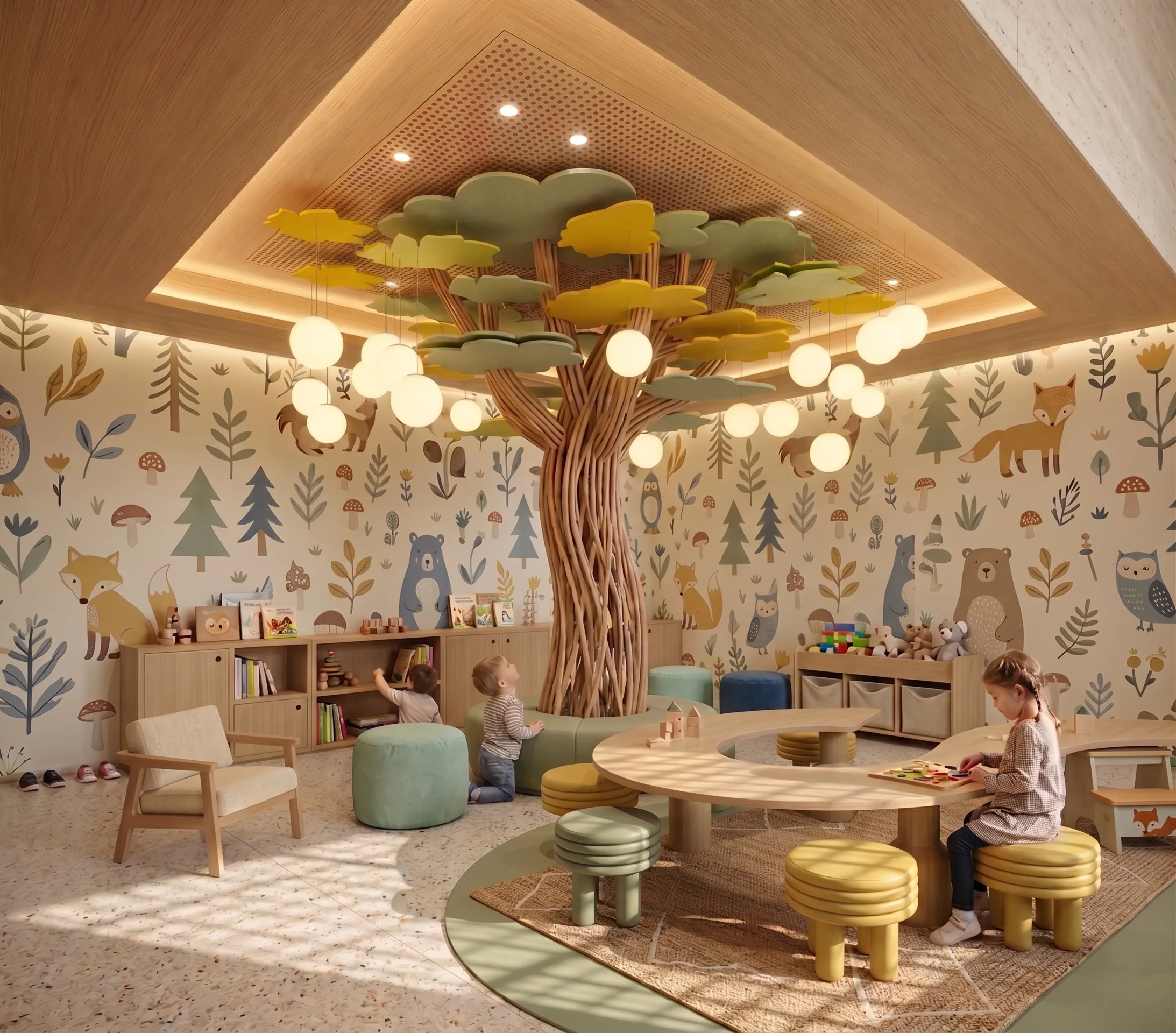 Kids Club de Baalá: sala de juegos con tema de bosque, árbol central, biblioteca infantil y mobiliario a escala de niños.