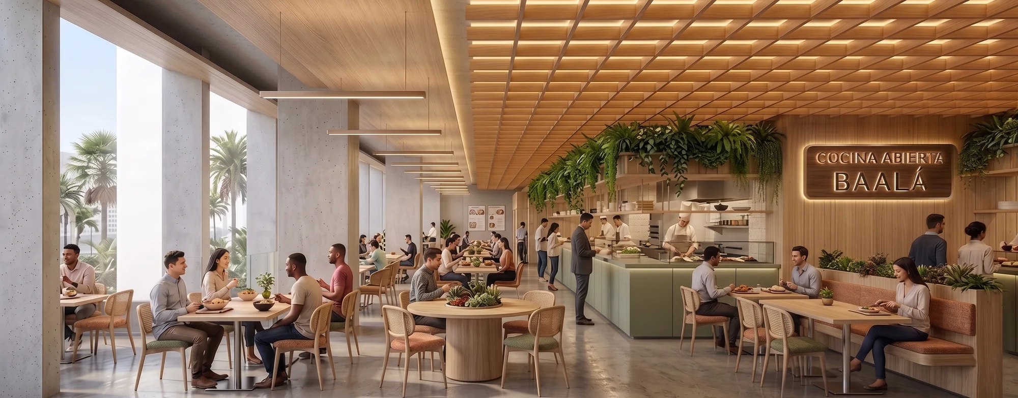 Cocina Abierta: food hall de Baalá en el Nivel 1, con cocina a la vista, mesas comunales y ventanal a las palmas.