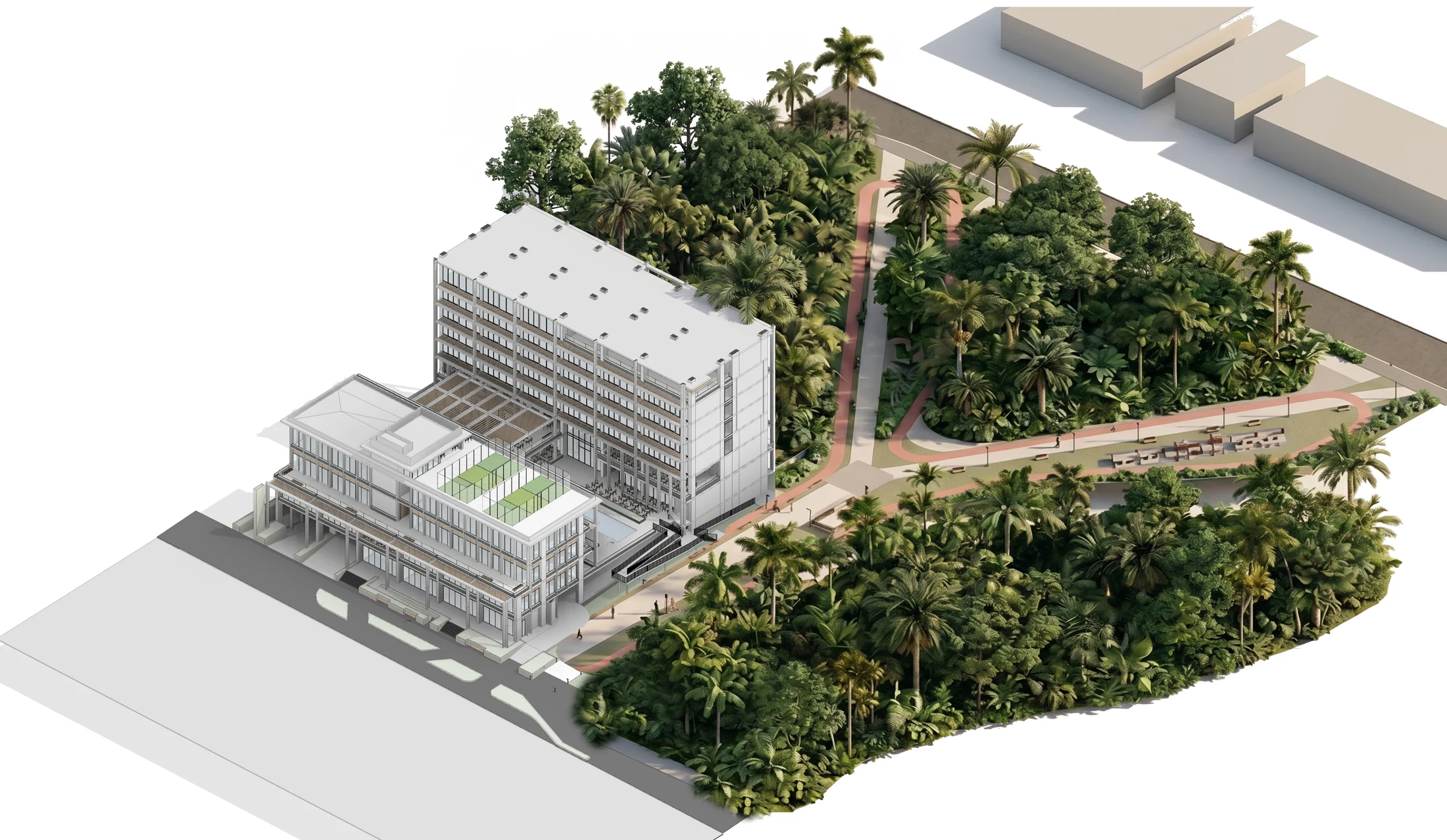 Axonométrico de Baalá a nivel hotel y plaza comercial, con el Andador Contoy.