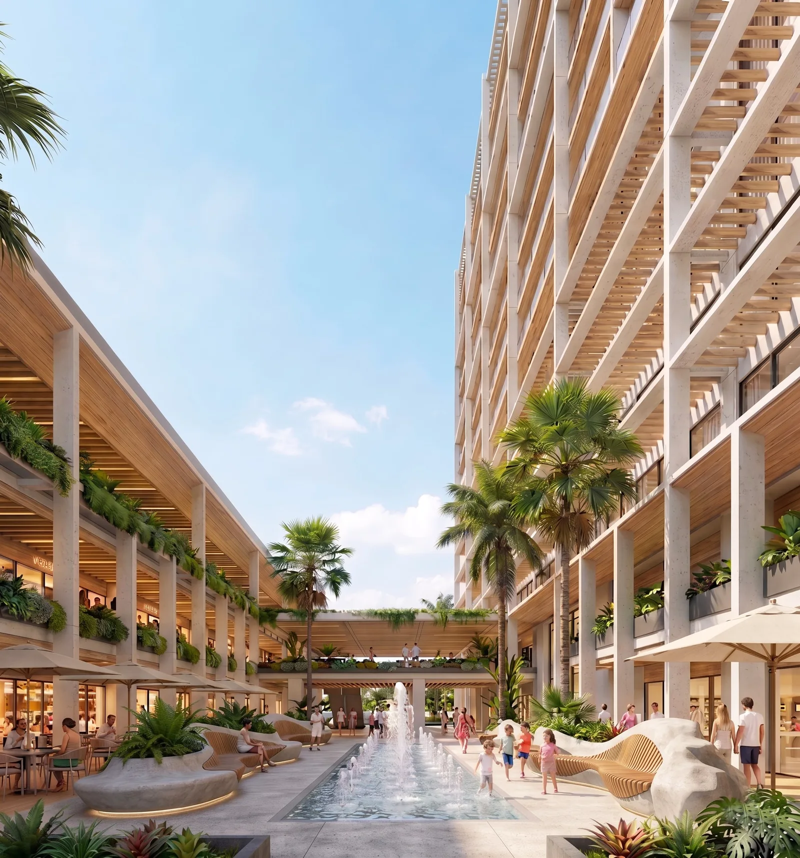 Plaza central de Baalá: espejo de agua con fuentes entre la torre y la planta comercial, con palmas y terrazas.